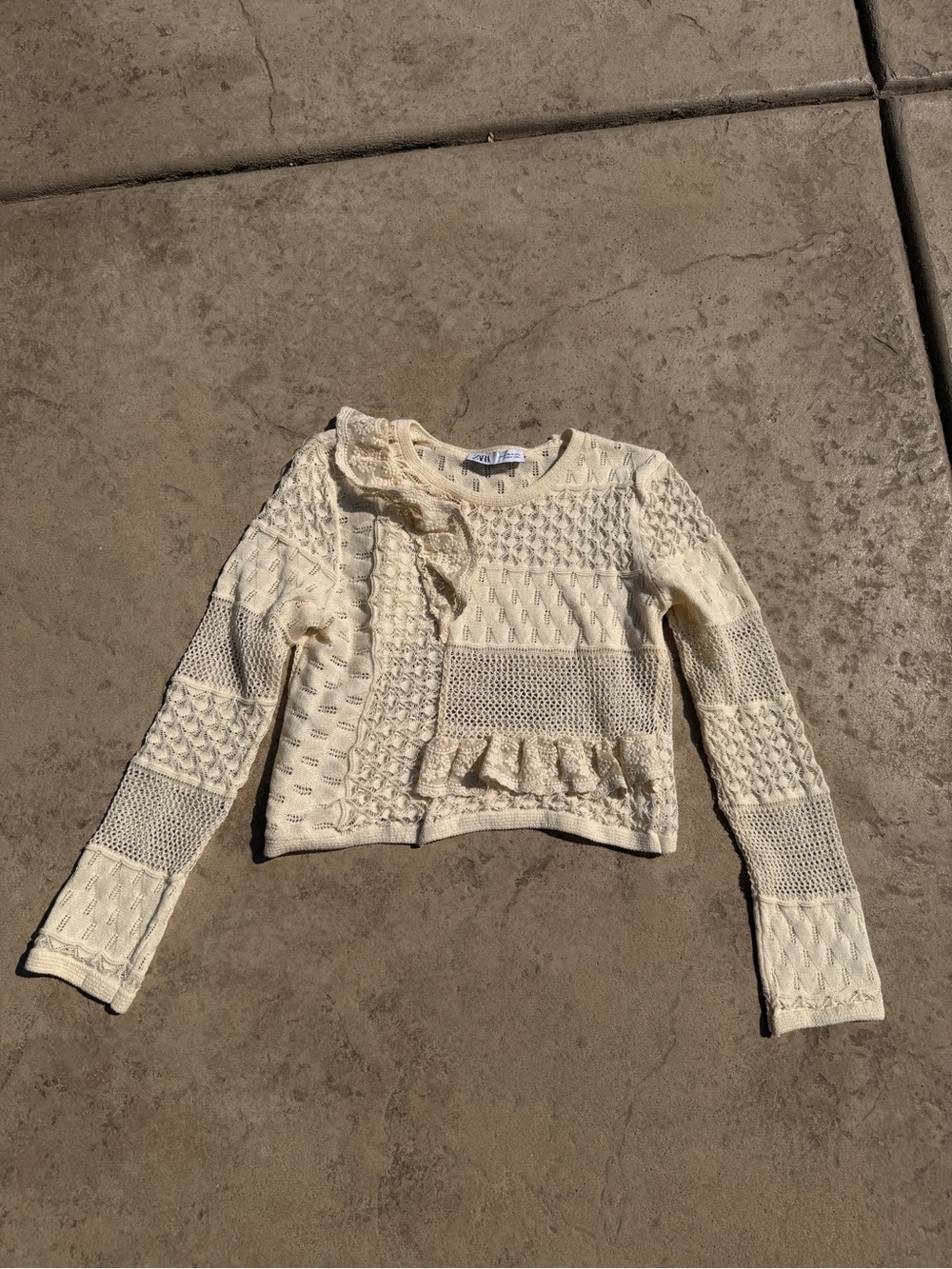 Zara Cream Knit Lace Ruffle Top